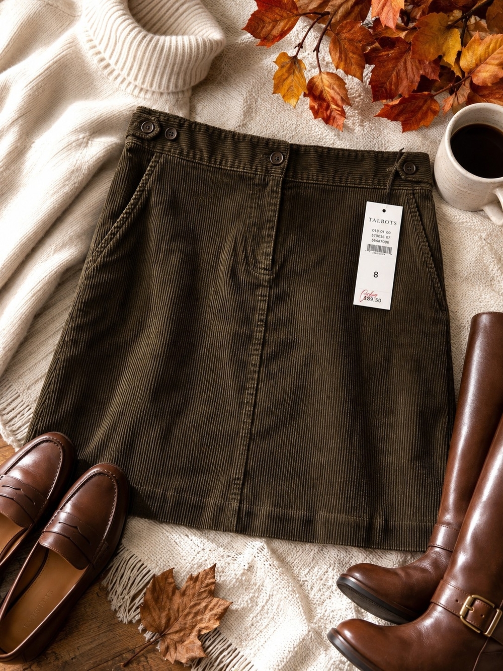 NWT Talbots Corduroy A-Line Skirt Olive Brown Adjustable Waist Size 8